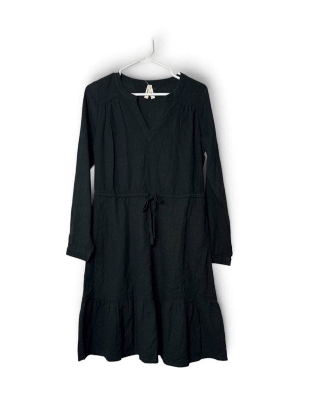 Pact Dress Womens XS Black Organic Cotton Faux Wrap Belt Midi Minimalism